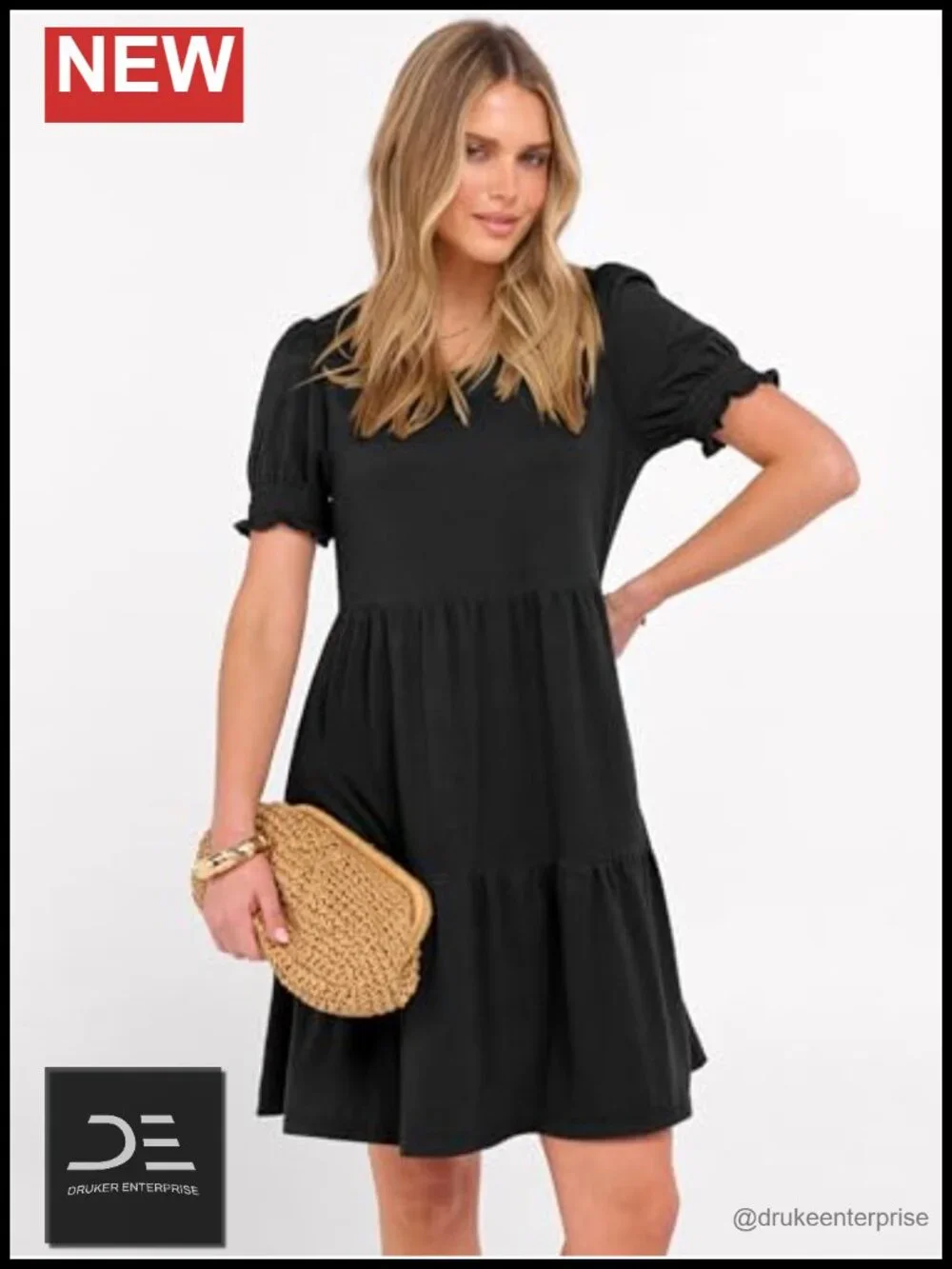 Square Neck Puff Sleeve Mini Dress with Pockets Tiered A-Line Summer Casual